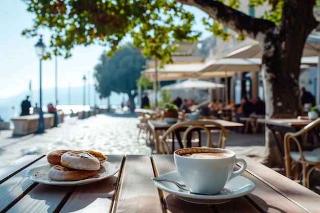 Seaside Cafe Morning met koffie en gebak met AI gegenereerd