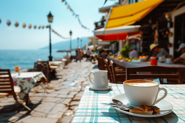 Foto seaside cafe morning con caffè e pasticcini generati dall'ai