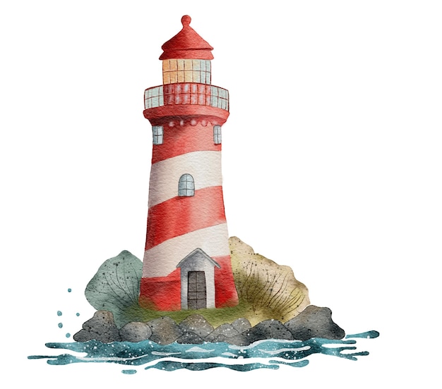 Photo seaside cartoon lighthouse cute watercolor illustration isolated on white background