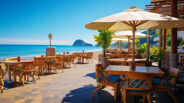 Photo seaside charm caf awning and umbrellas