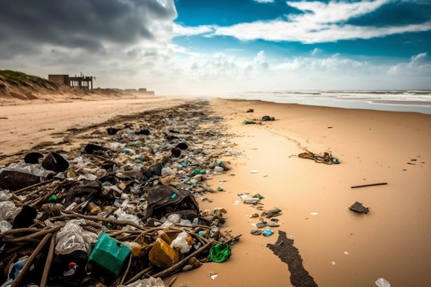 A Seaside Contaminated with Rubbish and Plastic Debris AI