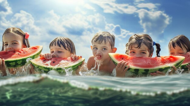 Photo seaside delight joyful childrens watermelon adventure by the sea