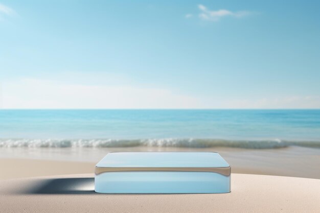 Seaside Elegance 砂浜の製品ショーケース用の最小限のガラス表彰台のモックアップ
