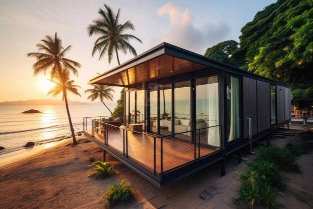 A seaside holiday cottage at sunset