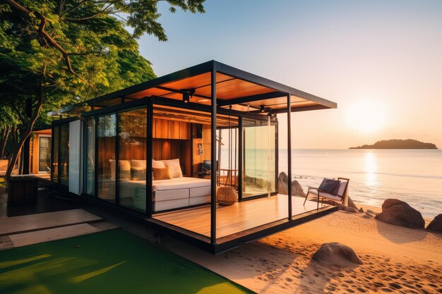 A seaside holiday cottage at sunset