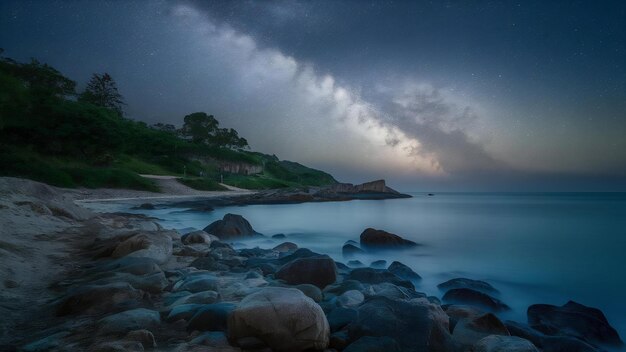 Seaside landscape in the night with rocks