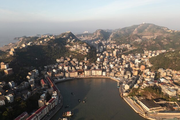 Seaside port with residental houses around in Taizhou Zhejiang