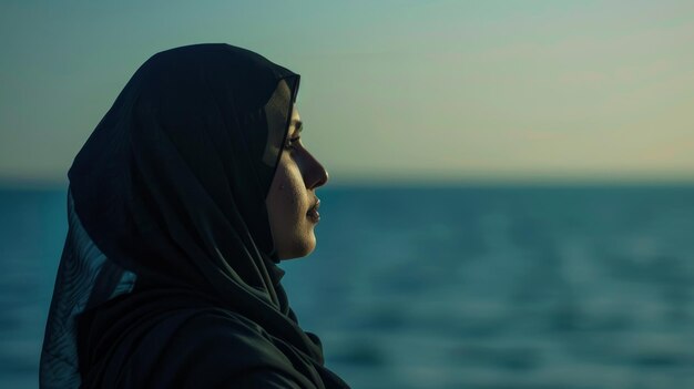 Photo seaside reflection woman adorned in a blue scarf lost in oceanic tranquility