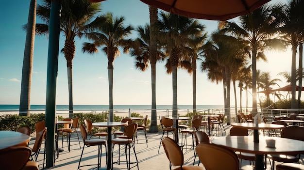 Photo seaside restaurant with palm trees and beach view