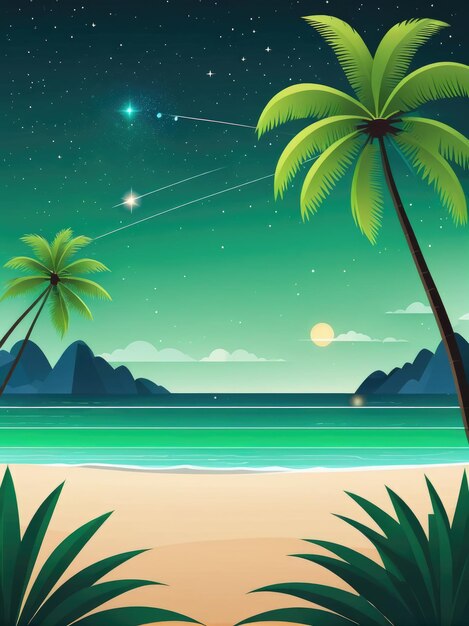 A seaside scene at night featuring coconut trees a green lawn