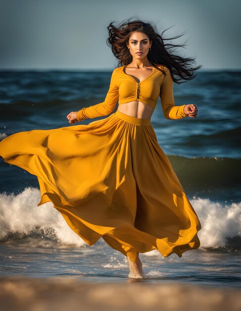 Seaside Serenity Muslim Girl in Beige Dress on Windy Beach
