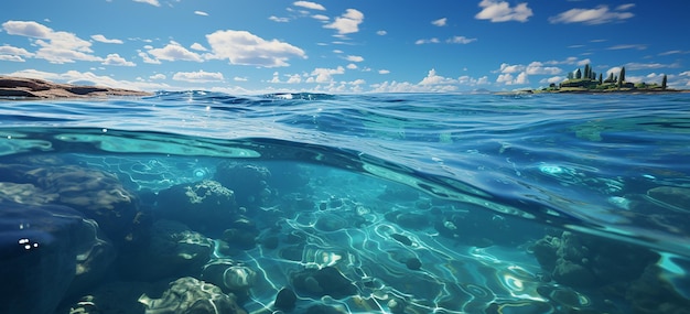 Seaside Serenity Ocean Achtergrond met blauwe lucht en zonneschijn in de stijl van de zomer