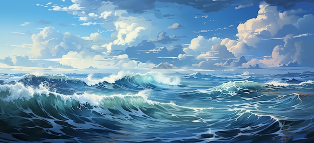 Морской безмятежный океанский фон с голубым небом и солнечным светом в стиле лета