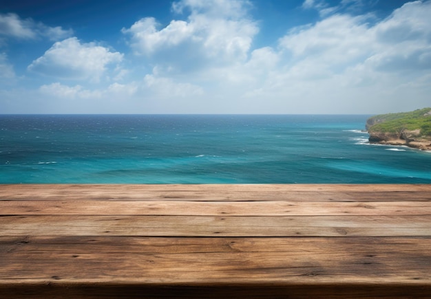 Seaside Serenity A PhotoRealistic Hyperbole of a Navy and Cyan Wooden Table with Ocean Background