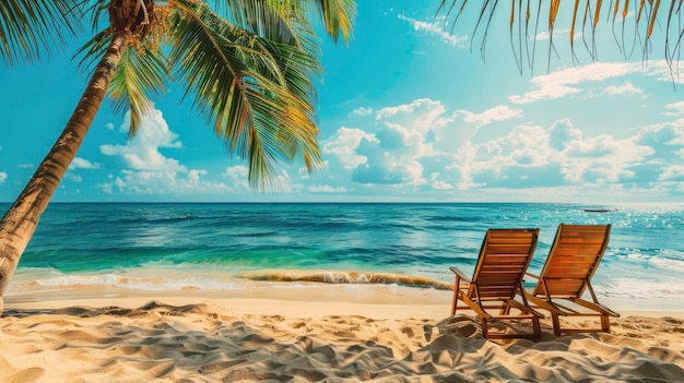 Seaside Serenity Sandy Beach with Lounge Chairs Embodying Summer Holiday and Vacation Bliss