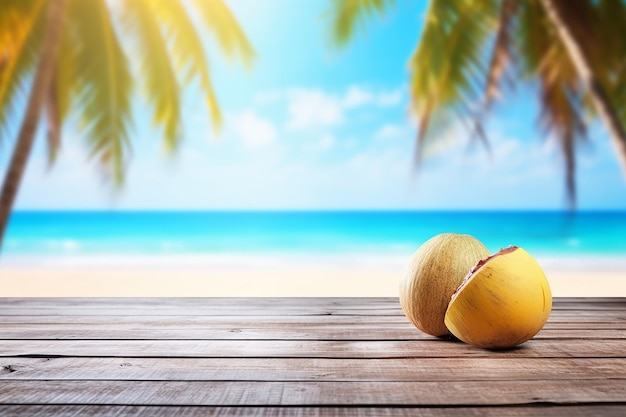 흐린 바다와 코코넛 나무가 있는 나무 테이블의 해변 평온함