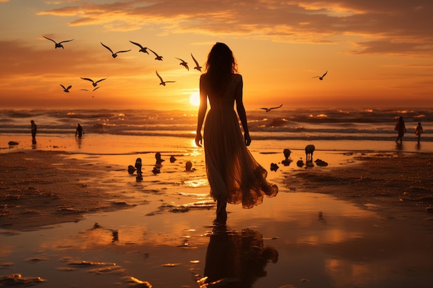 白いドレスを着た海辺の静けさの女性が金色の日の出のビーチを歩く