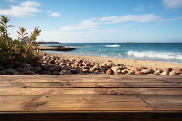 Seaside showcase Blurred beach backdrop complements wood deck for product displays