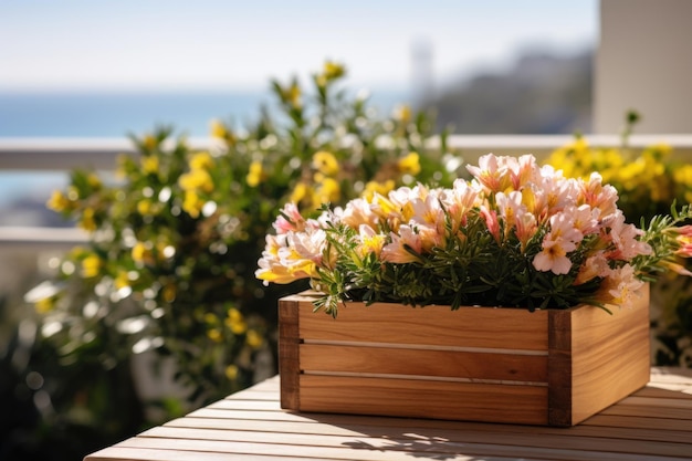 Seaside Spring Reverie Immerse yourself in the dreamy ambiance of spring as a wooden container hosts a collection of springtime blooms on a balcony rail overlooking the tranquil ocean