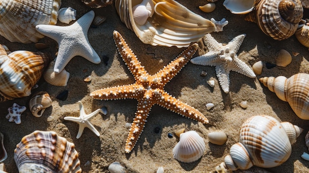 Seaside Symphony A Vibrant Gathering of Starfish and Seashells Adorning the Sandy Shoreline