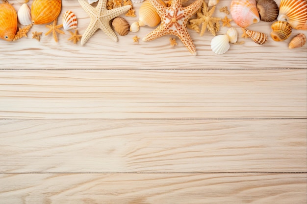 Seaside Treasures Shells and Starfish on a Wooden Background Capturing the Essence of Summer Vaca