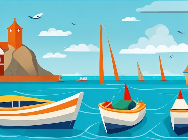 Seaside whimsy rowing boats and ocean adventures in cartoon flatstyle vector