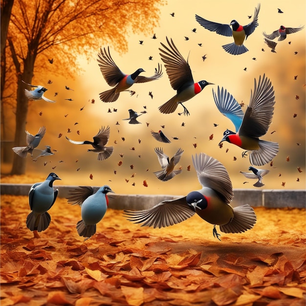 Photo season of flight colorful bird migration in autumn