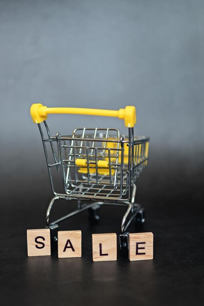 Season of sales in online stores cart and sales word on dark blue background