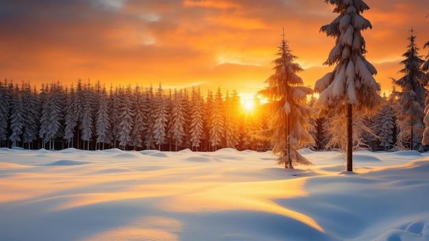 Season snow view pine sunset