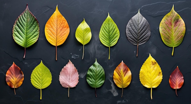 Seasonal Aging Beautiful and Colorful Leaves with Different Age Set Up on Dark Stone Background