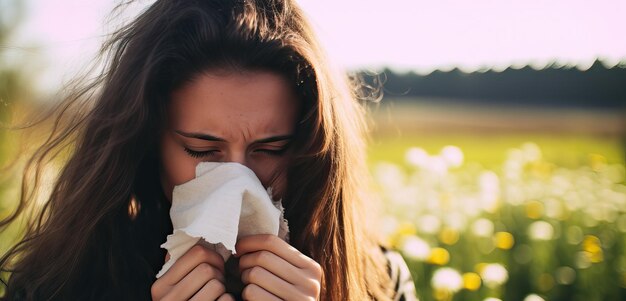 Seasonal Allergies Woman Sneezing in Summer Meadow