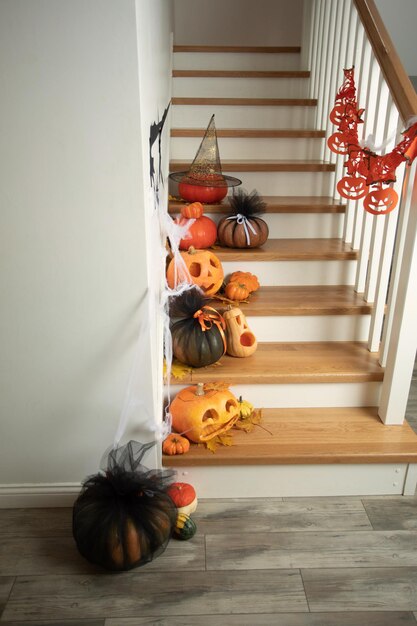 Seasonal autumn decoration on wooden stairs at home