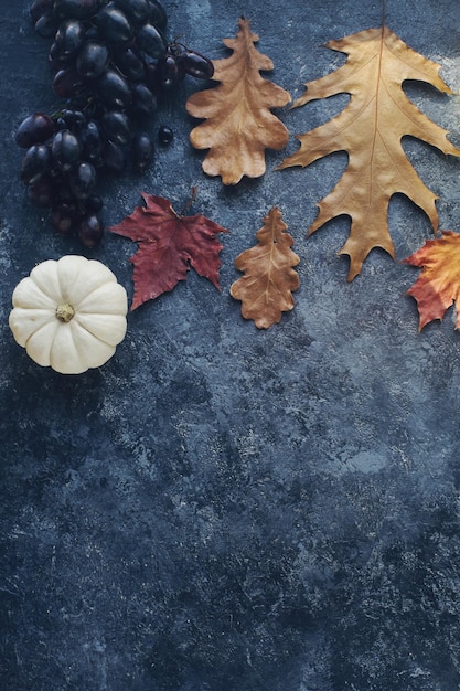 Seasonal composition with pumpkin grapes and autumn leaves on dark stone table in daylight Halloween or Thanksgiving background with space for text