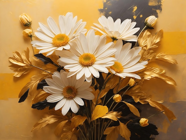 Seasonal daisies in a vase on a yellow oil painting background high quality