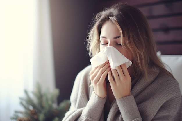 Seasonal flu concept Woman blowing her nose indoors