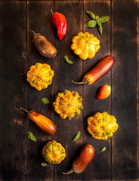 Seasonal garden vegetables squash or pumpkin eggplant pepper and basil leaves