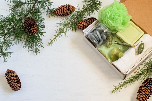 Seasonal handmade gift box with personal cosmetic products for aromatherapy.