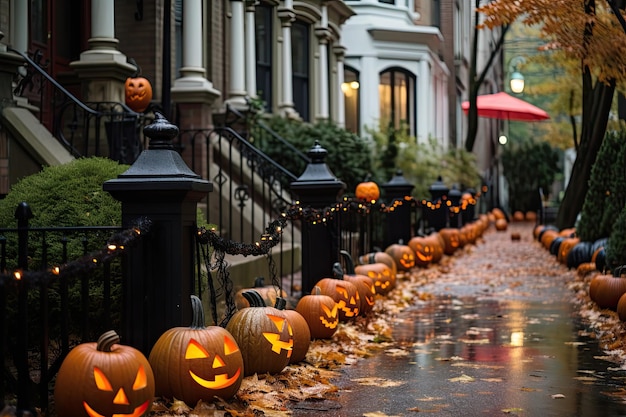 Foto decorazione stagionale della casa per la festa di halloween con zucche in strada all'aperto ia generativa