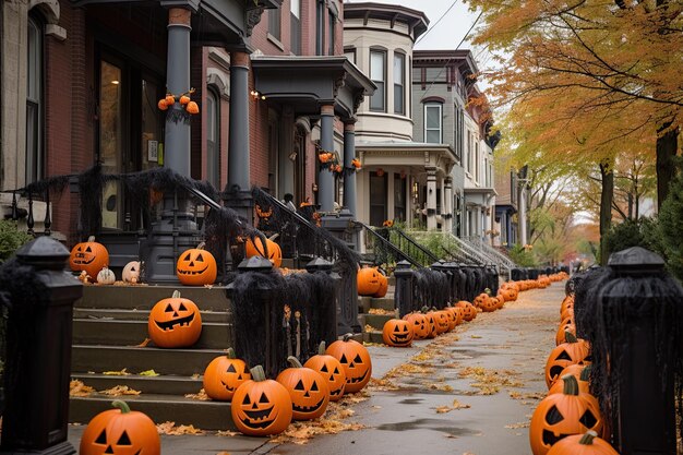 Seasonal house decoration for Halloween party with pumpkins on street Outdoors Generative AI