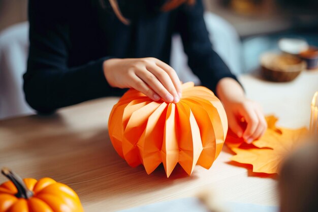 DIY ハロウィン ランタンを準備する季節のペーパー アートの子供