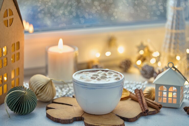 Photo クリスマスの季節の冬の飲み物 窓際の装飾 チョコレート飲み物とマーシュマロ
