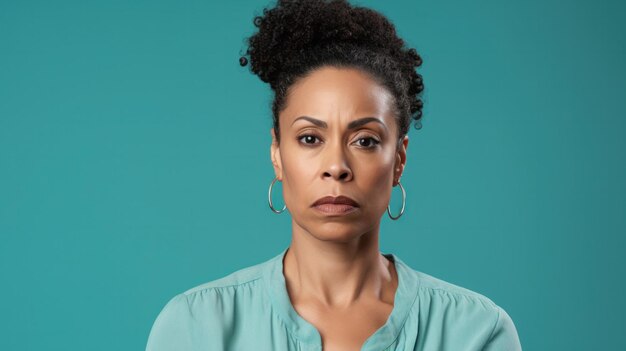 Photo a seasoned africanamerican woman isolated on a teal background wearing a stern expression showcasing moments of contemplation