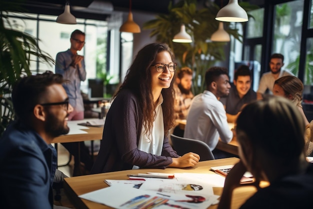 A seasoned designer seated at a table collaborating with her colleagues Generative Ai