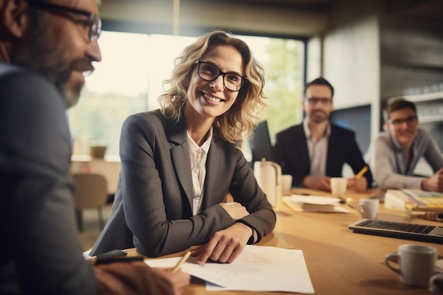 A seasoned designer seated at a table collaborating with her colleagues Generative Ai