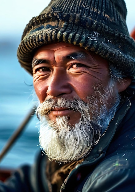 Seasoned fisherman portrait wearing a hat with white beard