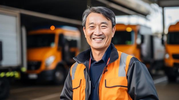 A seasoned japanese truck driver masterfully handling cargo captured in stunning 169 panorama