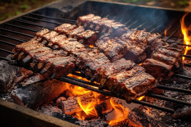 Seasoned ribs sizzling on a campfire grill created with generative ai
