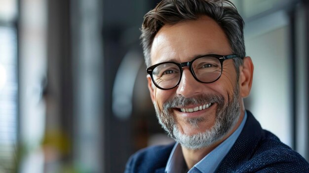 Seasoned Success Smiling 45 Year Old Banker and Mid Adult Businessman CEO in Office Headshot