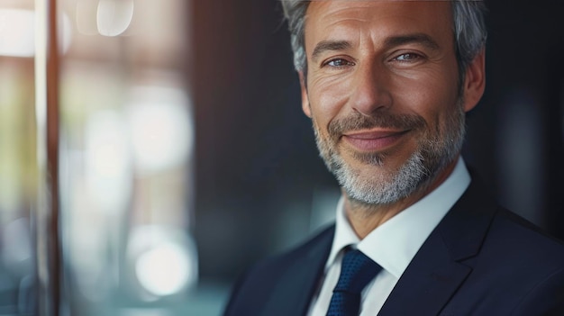 Seasoned Success Smiling 45 Year Old Banker and Mid Adult Businessman CEO in Office Headshot