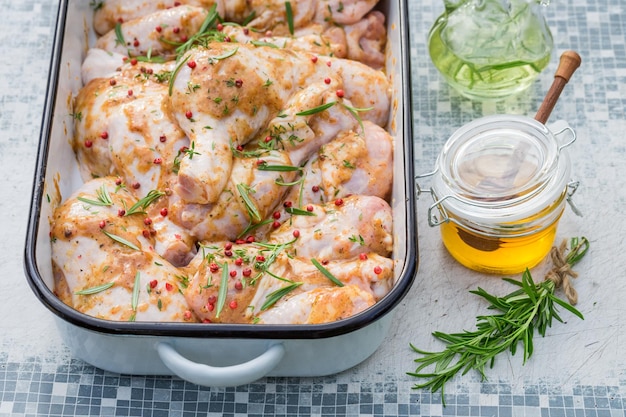 Seasoning chicken legs for grill in the garden